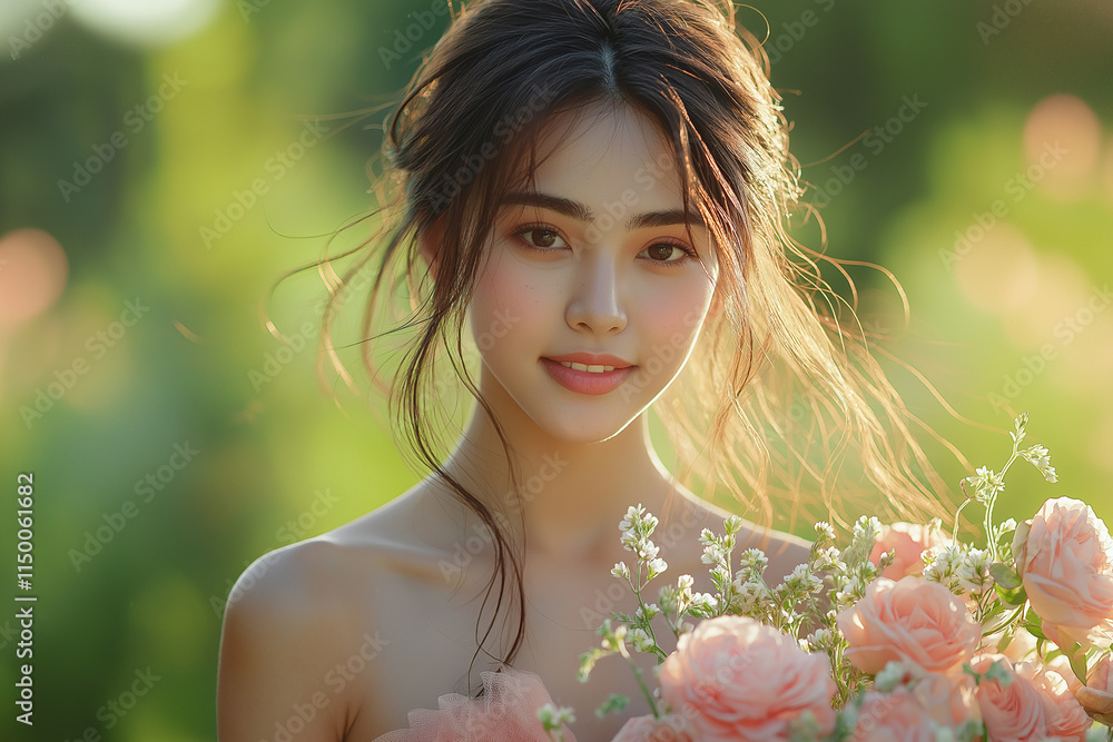 Naklejka premium A confident woman wearing a pink dress, holding flowers in a sunlit garden, celebrating International Women’s Day with grace and empowerment.