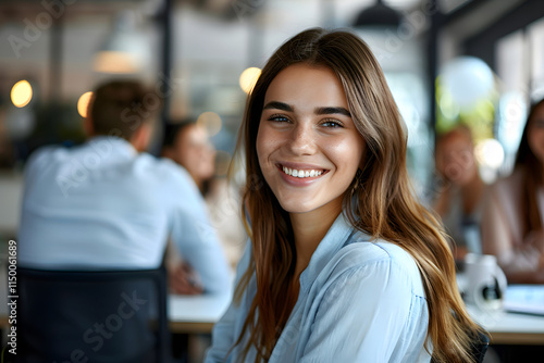 Young happy businesswoman having meeting with her colleagues in office and looking at camera. Generated Ai