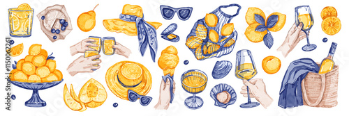 Summer picnic watercolor illustration set, vector hand drawn wine glass print, fresh lemonade, fruit. Italian mediterranean vacation sticker, sun hat, Amalfi ice cream, alcohol cocktail. Summer picnic