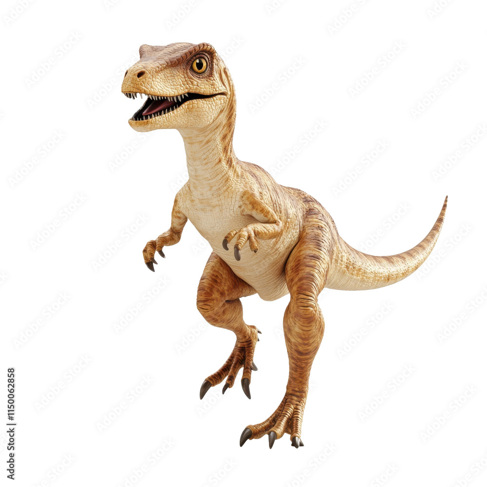 Obraz premium A detailed and realistic portrayal of a dinosaur figure in a playful stance, showcasing its unique features against a white isolated background.