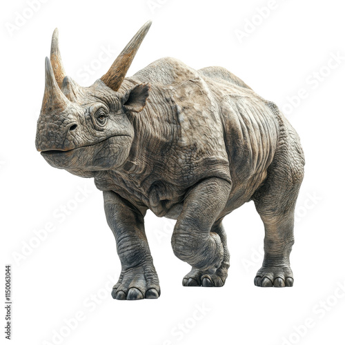 A detailed illustration of a rhinoceros, showcasing its distinct features and textures, set against a clean, white background for emphasis. photo