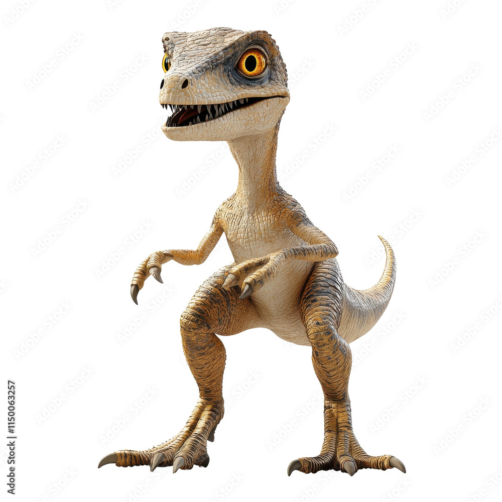 Fototapeta premium A detailed, realistic 3D rendering of a dinosaur character, standing confidently with an intense gaze, isolated on a white background.