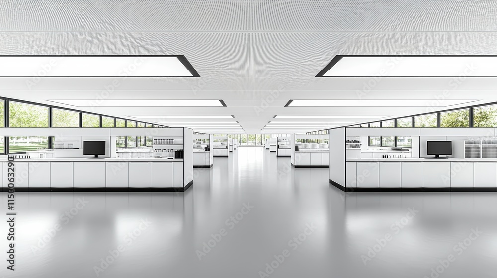Wide angle view of innovative laboratory design in a bright research environment Wide angle view of innovative laboratory design in a bright research environment