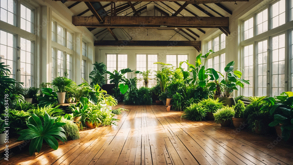 Sun-Drenched Greenhouse Interior: A serene and inviting greenhouse interior, filled with lush greenery and bathed in warm sunlight. The wooden floor reflects the light. Sun-Drenched Greenhouse Interior: A serene and inviting greenhouse interior, filled with lush greenery and bathed in warm sunlight. The wooden floor reflects the light.