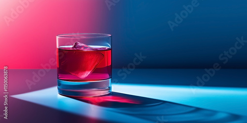 A glass of red drink with ice, illuminated by vibrant blue and red lighting, creating a modern and artistic atmosphere. Perfect for themes of cocktails, nightlife, and minimal design.