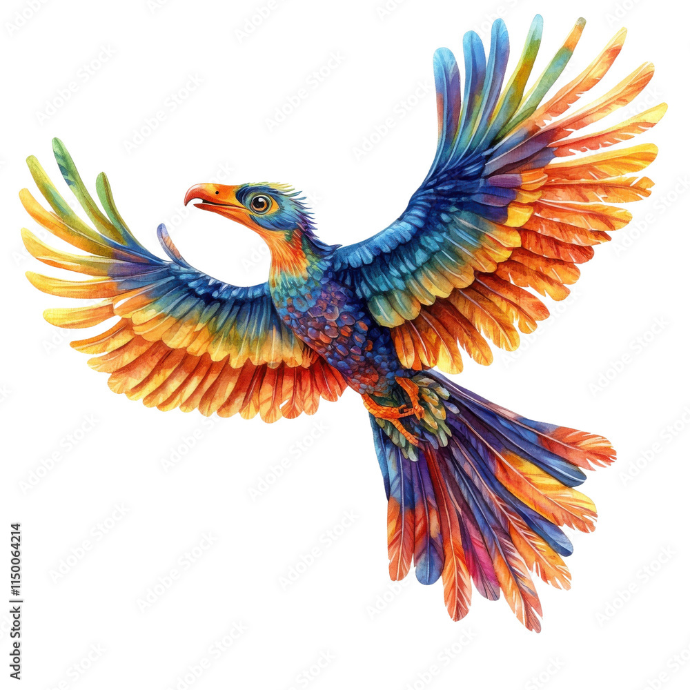 Fototapeta premium A vibrant and colorful bird in flight, showcasing intricate feather patterns against a white isolated background.
