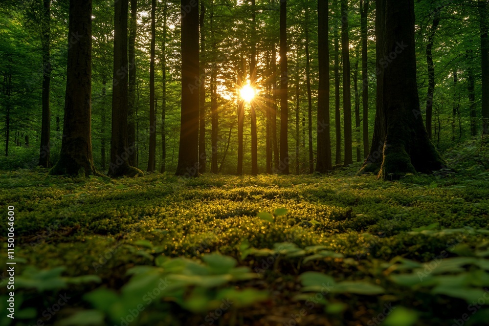 Obraz premium Sunset in a lush green forest with moss covered ground.