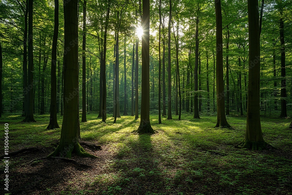 Sunbeams illuminate a lush green forest. Sunbeams illuminate a lush green forest.