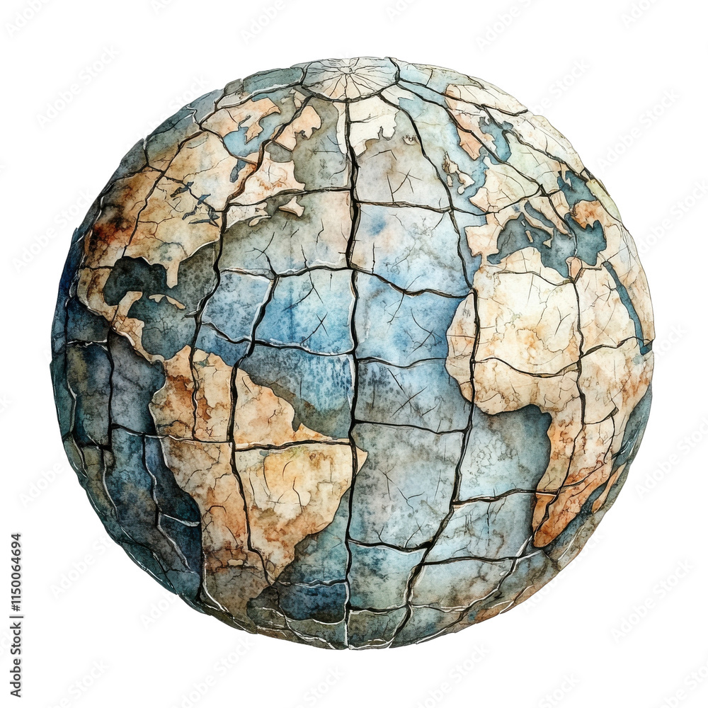 Artistic world globe illustration featuring cracked textures on continents, emphasizing Earth's natural beauty and geographic diversity. Artistic world globe illustration featuring cracked textures on continents, emphasizing Earth's natural beauty and geographic diversity.