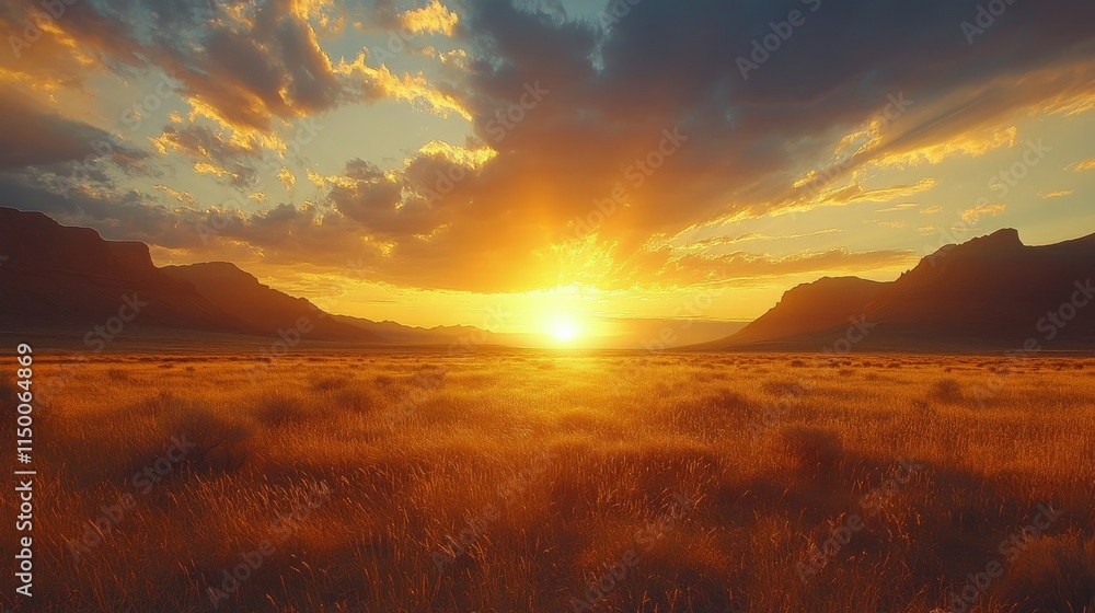 Expansive golden grassland with mountains under a vibrant blue sky Expansive golden grassland with mountains under a vibrant blue sky