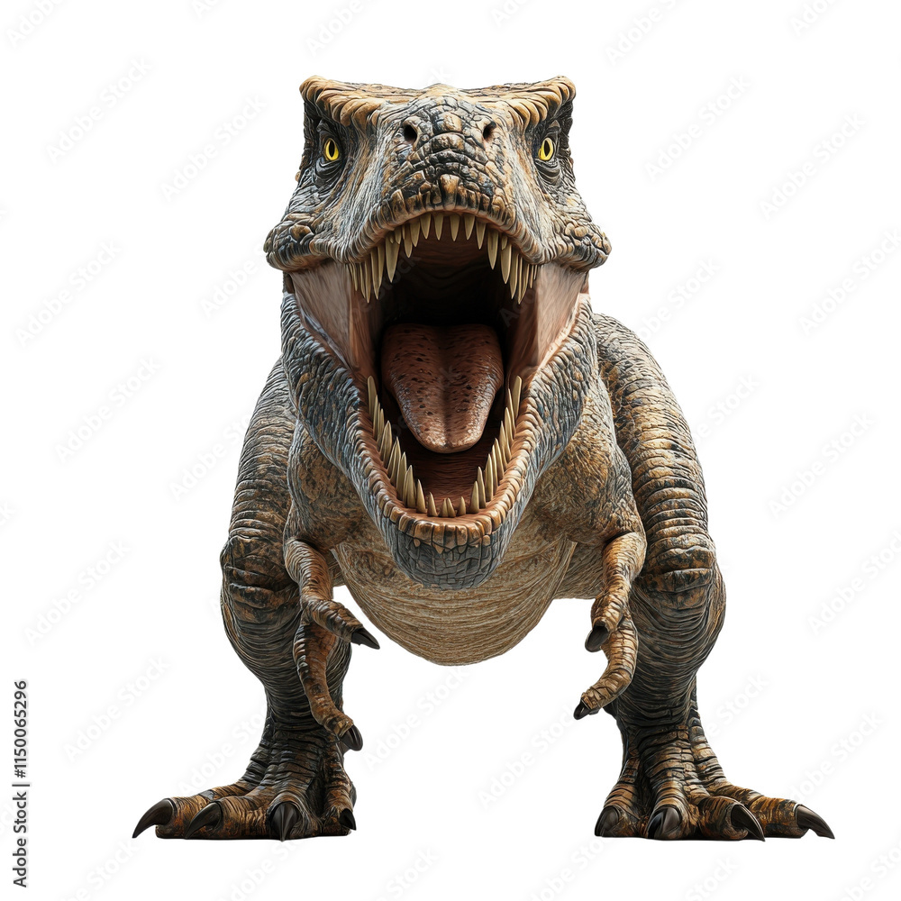 Fototapeta premium Realistic dinosaur model, roaring with open jaws, detailed texture and vibrant colors, perfect for educational and entertainment purposes.