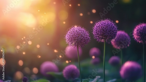 allium flowers blooming in a garden, their round, vibrant purple heads contrasted against a softly blurred green background