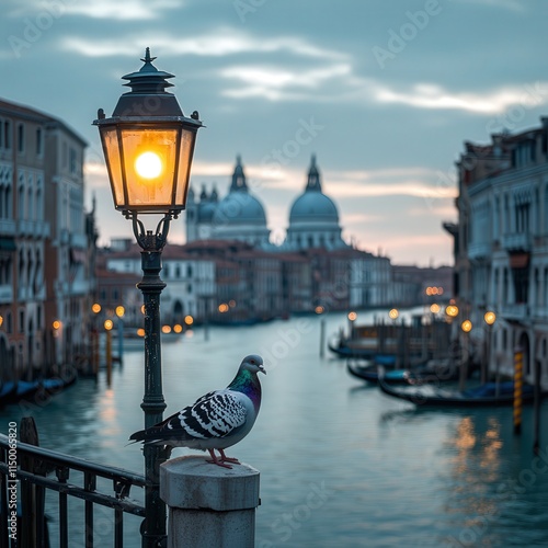 pigeon on a streetlight pole, with Venice iconic canals, gondolas, and grand architecture serving as a perfect backdrop for this serene moment photo