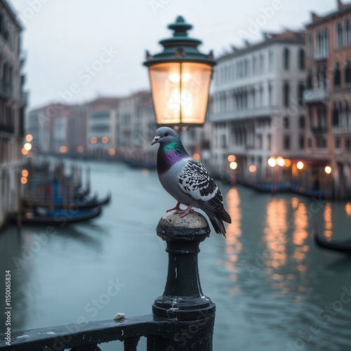 pigeon on a streetlight pole, with Venice iconic canals, gondolas, and grand architecture serving as a perfect backdrop for this serene moment photo