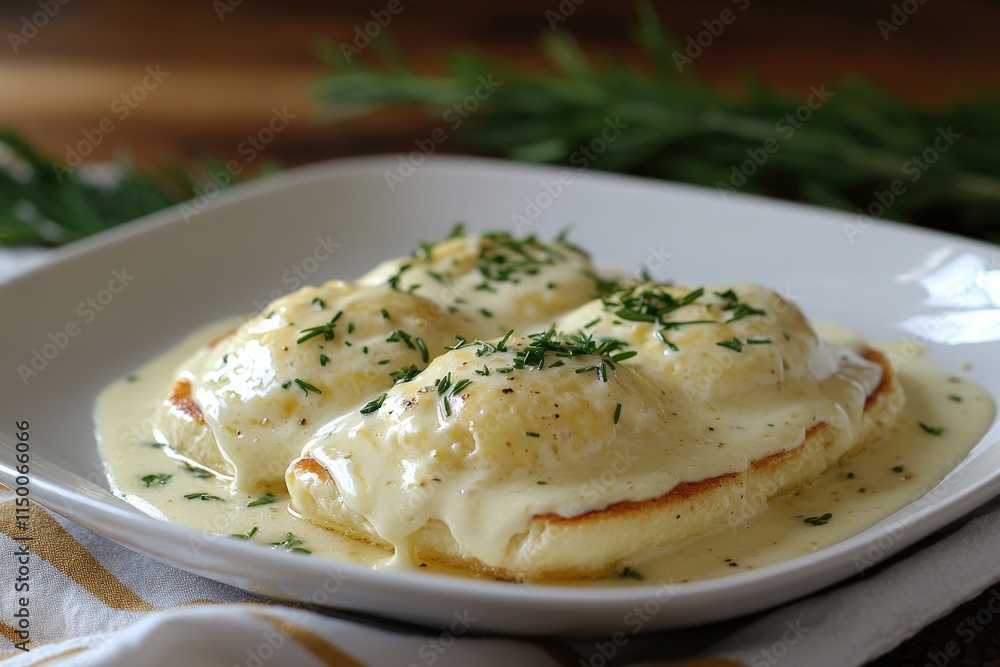 Creamy cheese sauce over golden-brown potato pancakes, garnished with fresh herbs, served on a white square plate. Creamy cheese sauce over golden-brown potato pancakes, garnished with fresh herbs, served on a white square plate.