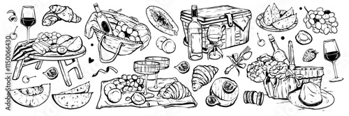 Picnic doodle vector illustration set, hand drawn summer outdoor lunch print, rural basket wine. Outdoor snack, holiday park rest meal, cheese, croissant, grapes, flowers. Romantic date picnic doodle