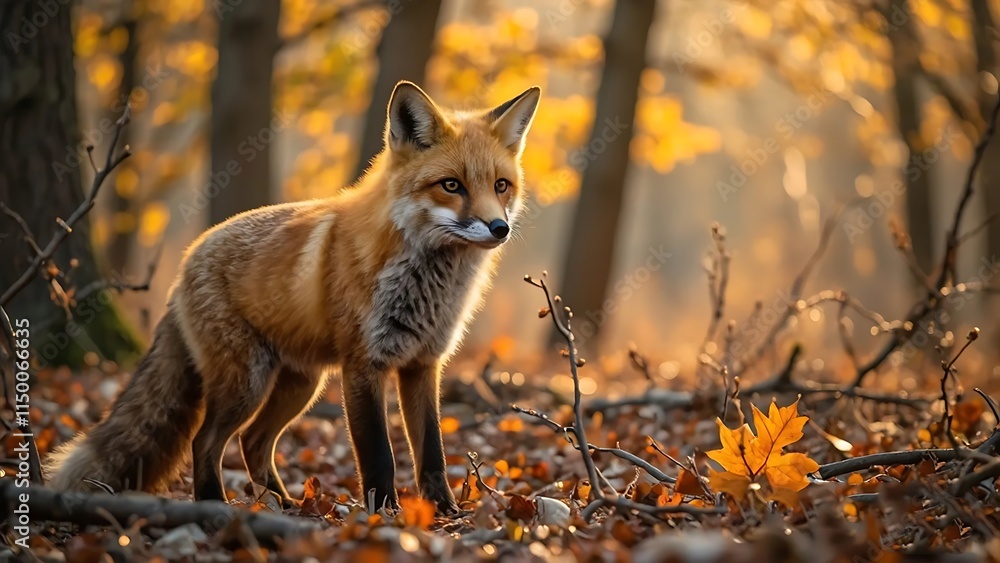 Fototapeta premium Red fox Wildlife photography, golden hour lighting forest edge