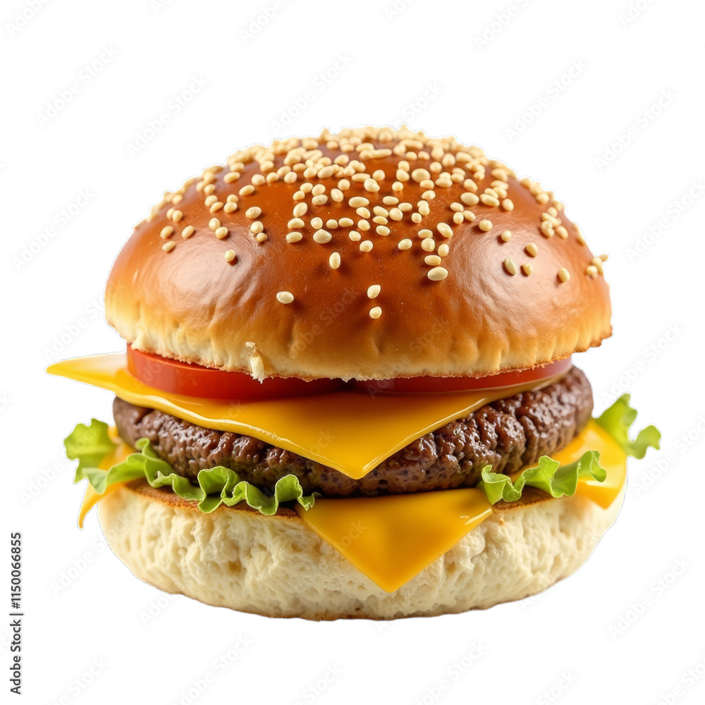 Hamburger with cheese and sesame seeds on bun top Hamburger with cheese and sesame seeds on bun top