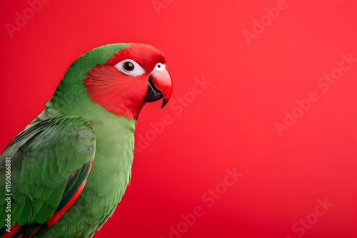 A parrot with a red nose against a festive red background, resembling Rudolph, evoking Christmas and holiday cheer photo