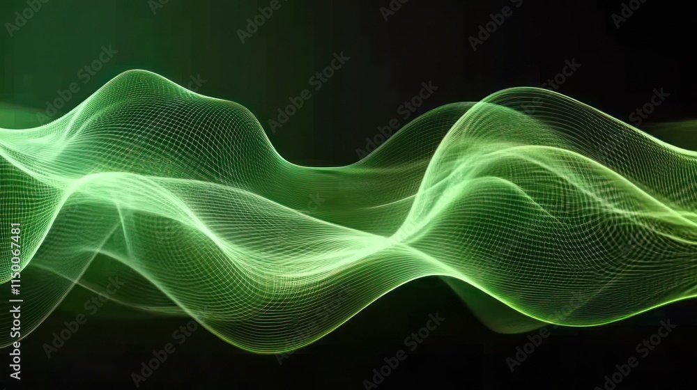 Fototapeta premium Abstract green wavy lines on black background.