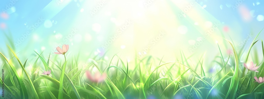 Obraz premium Sunny spring meadow with vibrant green grass and delicate pink flowers.