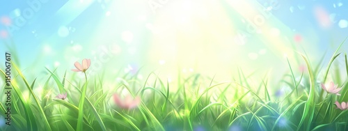 Sunny spring meadow with vibrant green grass and delicate pink flowers.