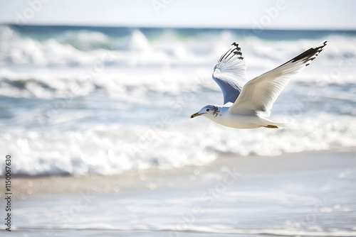 Low-flying seagull gliding over ocean waves with sandy shoreline in the distance.