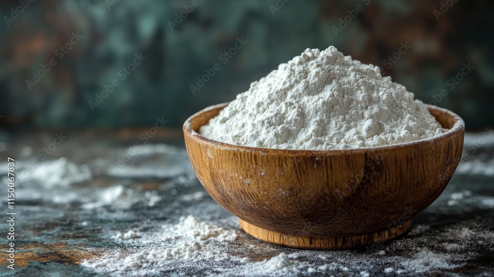 Flour in wooden bowl on textured surface for baking and cooking Flour in wooden bowl on textured surface for baking and cooking