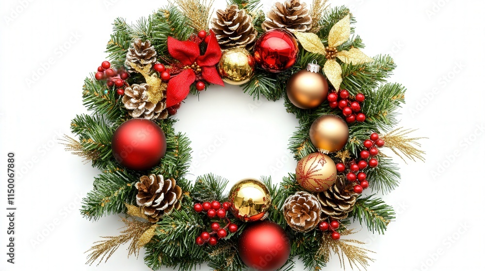 A beautiful Christmas wreath adorned with vibrant red and gold Christmas balls, fresh berries, and pine cones is showcased against a clean white background. A beautiful Christmas wreath adorned with vibrant red and gold Christmas balls, fresh berries, and pine cones is showcased against a clean white background.