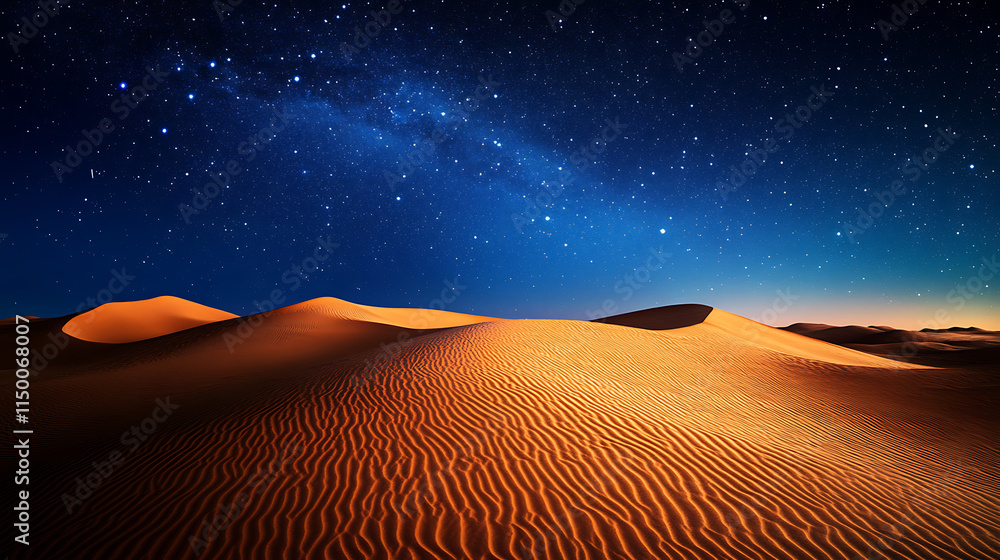 Naklejka premium Desert Night Sky: Starry expanse over rolling sand dunes. A mesmerizing landscape photograph of a desert at night.