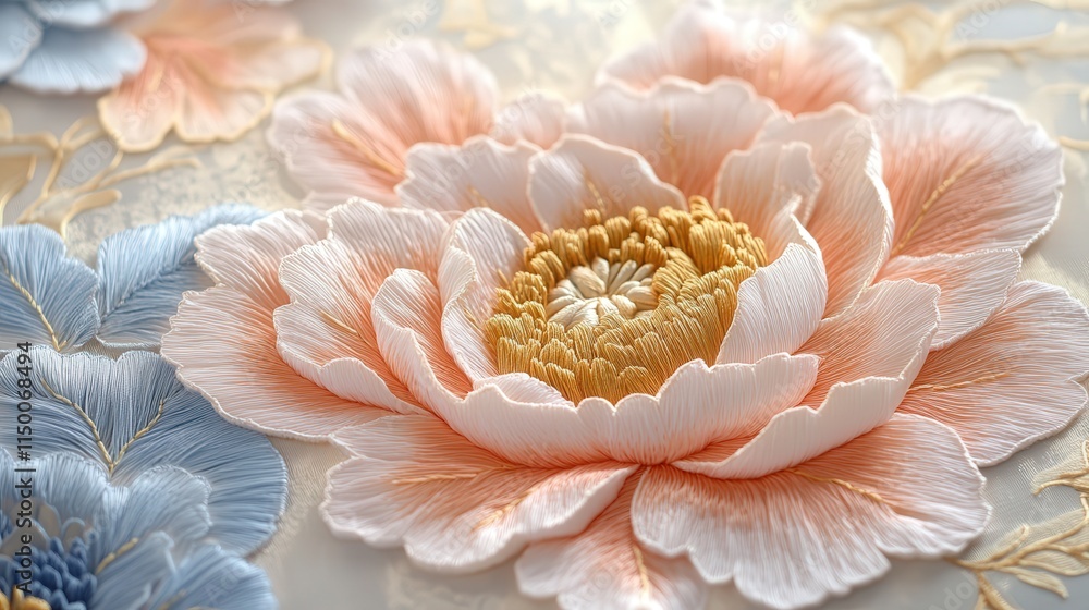 A beautifully crafted peony embroidery in 3D soft embossed hot stamping, showcasing full petals in gold, pink, and blue hues. A beautifully crafted peony embroidery in 3D soft embossed hot stamping, showcasing full petals in gold, pink, and blue hues.