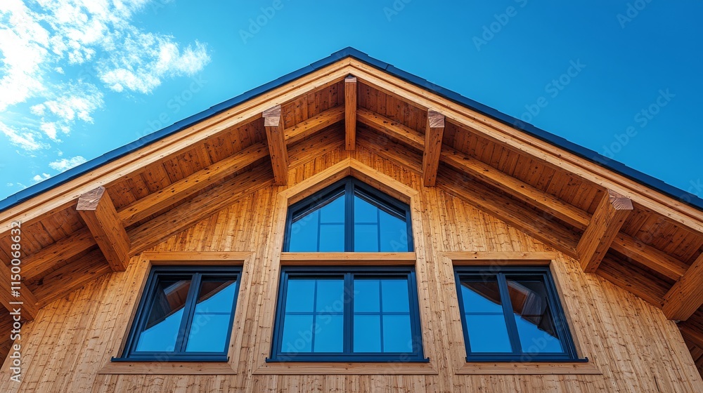 Beautiful wooden chalet with large windows under a clear blue sky Beautiful wooden chalet with large windows under a clear blue sky