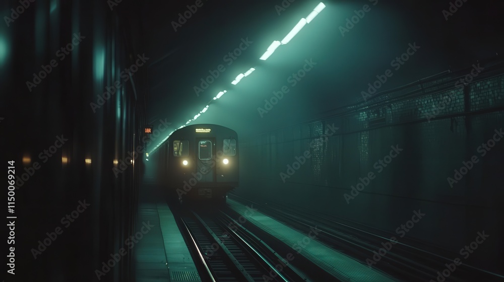 train gliding through a dark subway tunnel, the faint glow of station lights trailing behind train gliding through a dark subway tunnel, the faint glow of station lights trailing behind