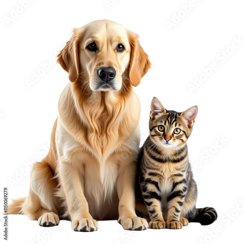 A dog and a cat sitting together on a black background Golden retriever and tabby cat photo