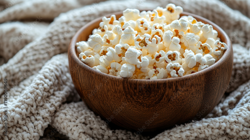 Warm bowl of popcorn on cozy blanket, perfect for movie night Warm bowl of popcorn on cozy blanket, perfect for movie night