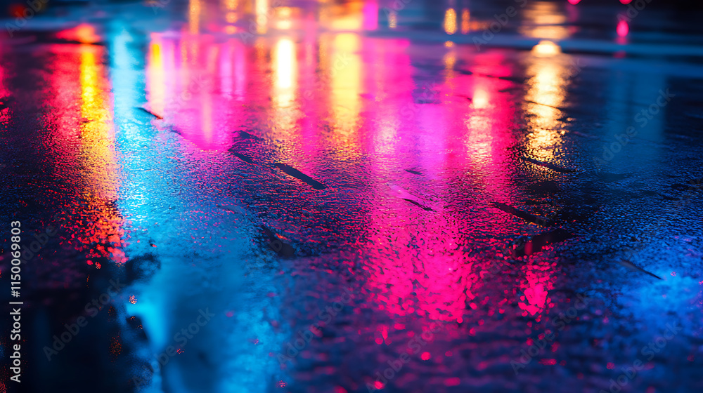 Obraz premium Neon Reflections on Wet Asphalt
