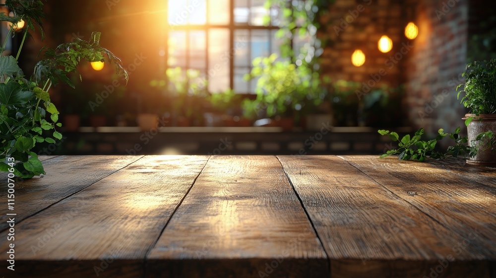 Rustic wooden table in cozy cafe with greenery and natural light streaming through windows Rustic wooden table in cozy cafe with greenery and natural light streaming through windows