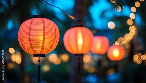 outdoor party with lanterns and bokeh lights, blurred background, vibrant event atmosphere, glowing lanterns, festive mood, party lights, celebration scene