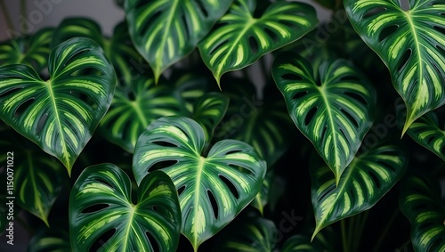 Wallpaper Mural Dark green monstera leaves with light green veins, perfect for nature backgrounds, tropical designs, botanical illustrations, or ecofriendly concepts. Torontodigital.ca
