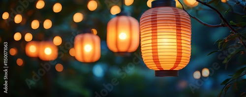 party lanterns with bokeh lights in the background, outdoor event ambiance, blurred lights, celebration atmosphere, festive night, glowing lanterns, outdoor party vibes photo