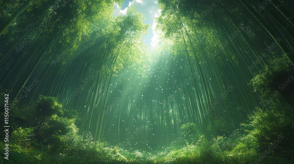 Fototapeta premium Sunlit bamboo forest path with floating particles.