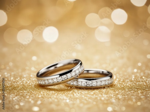 Sparkling Diamond Wedding Rings on Gold Glitter Background