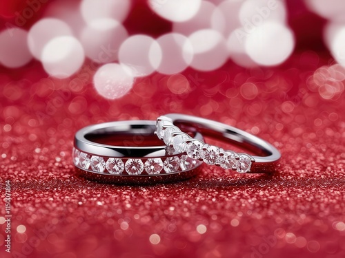 Sparkling Diamond Wedding Rings on Red Glitter Background