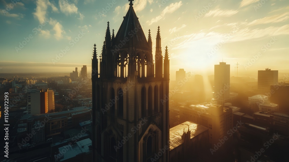 Fototapeta premium city church bell tower, its gothic design standing tall against the skyline, with sunlight casting long shadows and highlighting the fine details of its structure