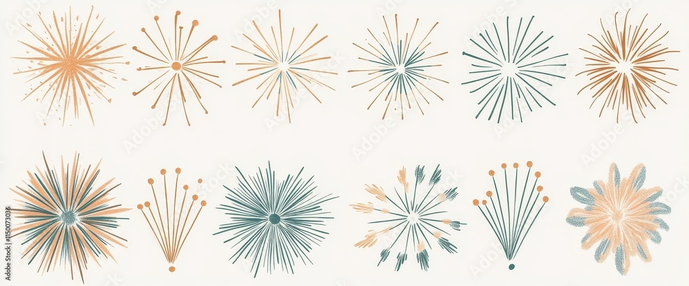 Modern new year firework illustrations showcasing golden, light green, and grey fireworks on a white background. Perfect for decoration, print, posters, banners, wallpapers, cards, or covers. Modern new year firework illustrations showcasing golden, light green, and grey fireworks on a white background. Perfect for decoration, print, posters, banners, wallpapers, cards, or covers.