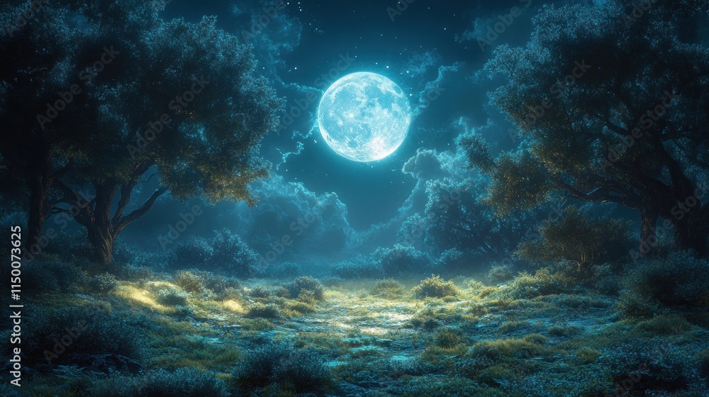 Fototapeta premium Moonlit forest path, mystical night scene.