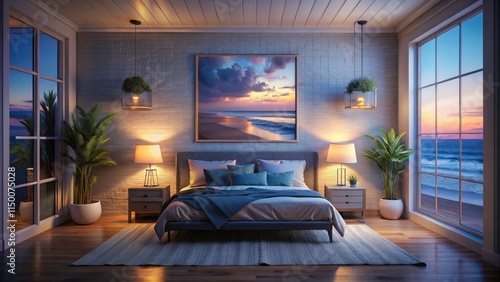 Coastal Bedroom Frame Mockup  Low Light 3D Render  Interior Design  Beach House Decor  Wall Art  Frame Mockup  Coastal Photography