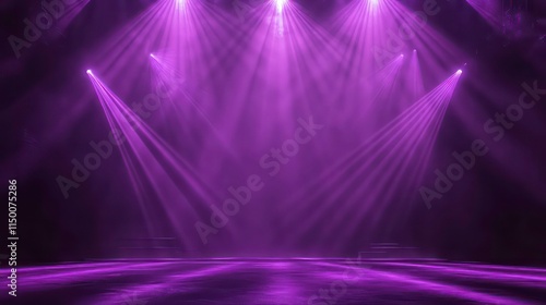 Purple stage background, Purple stage lights with spotlights casting beams of light on a dark empty stage.