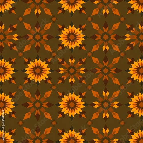 Sunburst Pattern: A seamless pattern featuring intricate sunburst motifs in warm orange and brown hues, evoking a sense of warmth, energy, and retro charm. Ideal for textiles, wallpapers.