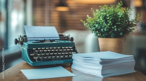 calm and inviting 4K photo of a typewriter on a table with sheets of paper beside it. photo